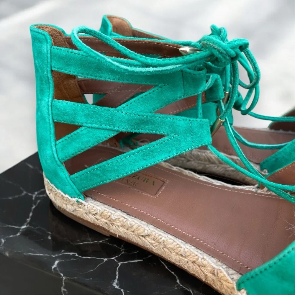 Aquazzura Firenze Green Suede Leather Belgravia Espadrilles Flats Sandals